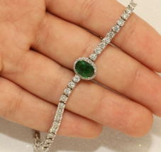 Ladies 2 CT Lab-Created Emerald Halo Tennis Bracelet in 14K White Gold Plated 7&quot; - £100.08 GBP