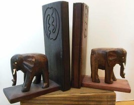 Vintage Hand Carved Wood Elephant Book Ends 8 x 5&#39;5 x 3&quot; - £24.91 GBP