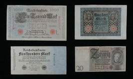 1910-1929 Germany 4-Notes Set German Empire 1000 &amp; Weimar 20, 100 &amp; 500 ... - $49.79