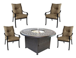 5 piece round fire pit patio set cast aluminum furniture Sunbrella cushions - $3,795.92