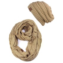 Unisex Soft Stretch Chunky Cable Knit Beanie And Infinity Loop Scarf Set, Metall - £48.46 GBP