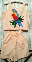 VGT casual 2 Pc Summer Crop Top Drawstring Short Outfit W/2 Parakeet Bir... - $12.86