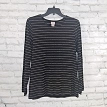 Chico&#39;s Top Womens 1 Medium Black Gold Striped Long Sleeve Stretch Metallic - £15.97 GBP