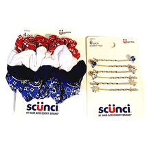 Scunci Patriotic Bandana Hair Scrunchies Gemstone Bobby Pins Red White Blue NEW - £7.82 GBP