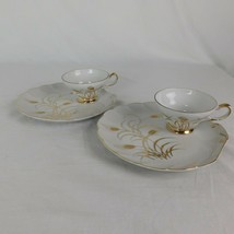 Vtg Lefton China 2 Snack Plate &amp; 2 Tea Cup Set Hand Painted Wheat Pattern 2768 - £13.92 GBP