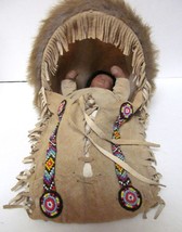 Papoose Alaskan Doll w Hand Craft Beaded Rawhide Cradle Board Bed 11&quot;x7&quot;... - $98.95