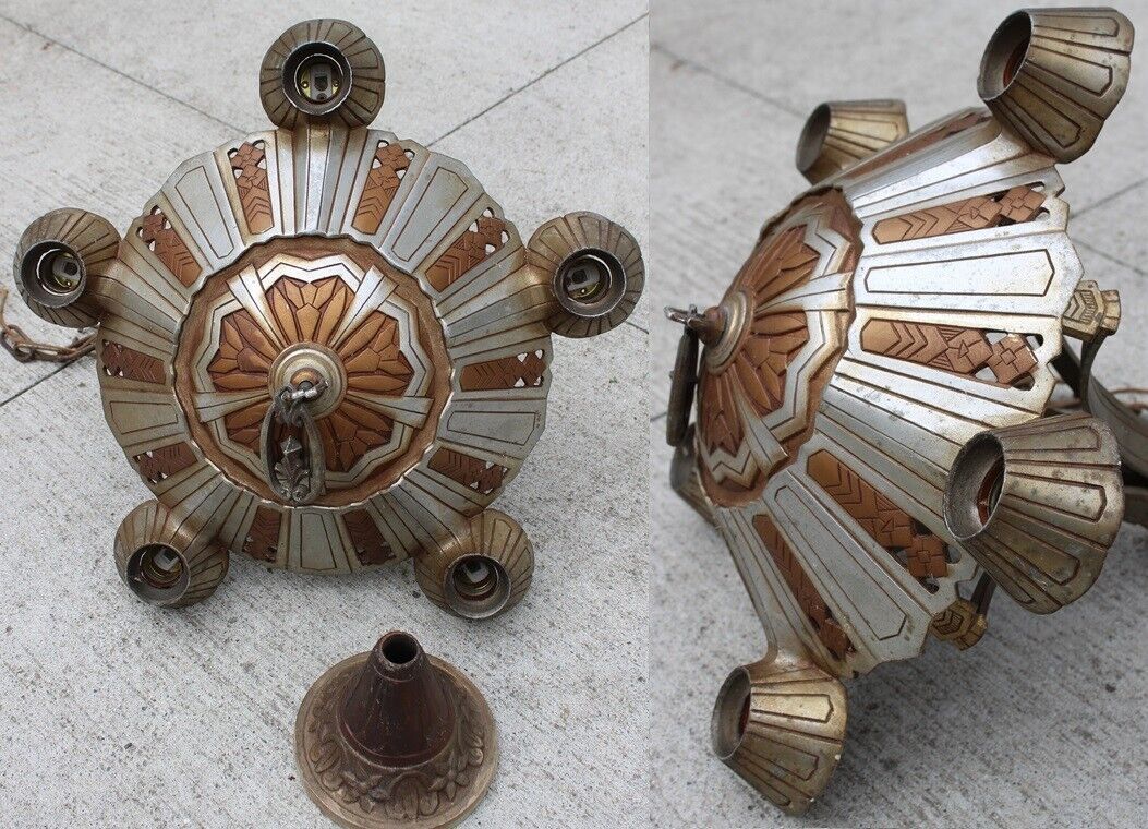 antique Art Deco CHANDELIER ceiling hanging light fixture globe &quot;LINCOLN&quot; - $399.99