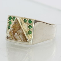 Golden Rutile Quartz and Tsavorite Garnets Handmade Sterling Silver Ring sz 11.5 - £113.14 GBP