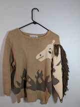 CHAUS Sweater Horse Brown White Fringe Mane Size L - $17.82