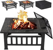 32&quot; Fire Pit Square Metal Firepit Backyard Stove Wood Burning With Cover... - £86.40 GBP