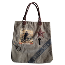 Recycled Canvas Tote Reclaimed Bag Leather Handles Star and Skeleton Key... - $38.61