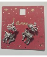 I am Christmas Dangling Red Nose Reindeer with Red Bow Earrings Silver - $14.84