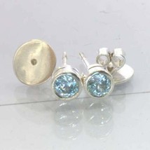 Blue Zircon 5 mm Round Cambodia Gems Sterling Studs Post Earring Pair Design 607 - £64.70 GBP