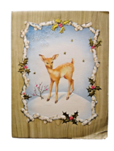 Christmas Greeting Card 1940's Reindeer Cute Deer Embossed Holly Stars Snow - $8.90