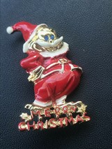 Vintage Designer Signed Red &amp; White Enamel Santa Claus w Blue Rhinestone Eyes &amp; - £16.28 GBP