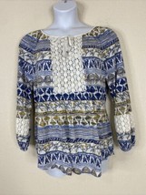 Style &amp; Co Womens Plus Size 2X Blue Boho Stripe Tassled Blouse Long Sleeve - £11.15 GBP