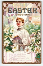Easter Postcard Choir Boy Church Organ Lily Flowers Religious Embossed Antique - £8.54 GBP