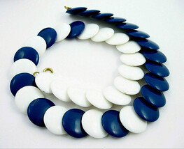 Flat Disk Beads NECKLACE Vintage DARK BLUE and WHITE Plastic Choker 18&quot; ... - $18.99