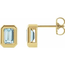 14k Yellow Gold Sky Blue Topaz Emerald Cut Solitaire Stud Earrings - £299.43 GBP