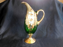 Tall Green Glass Pitcher with Gold Trim and Dimensional Flowers # 23159 - £27.82 GBP