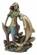 Art Nouveau Ocean Siren Mermaid With Bottlenose Dolphin Statue Nautical Decor - £34.35 GBP