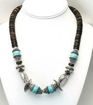 Coconut Disc Faux Turquoise Etched Silver Tone Beaded Tribal BOHO Necklace - £15.57 GBP