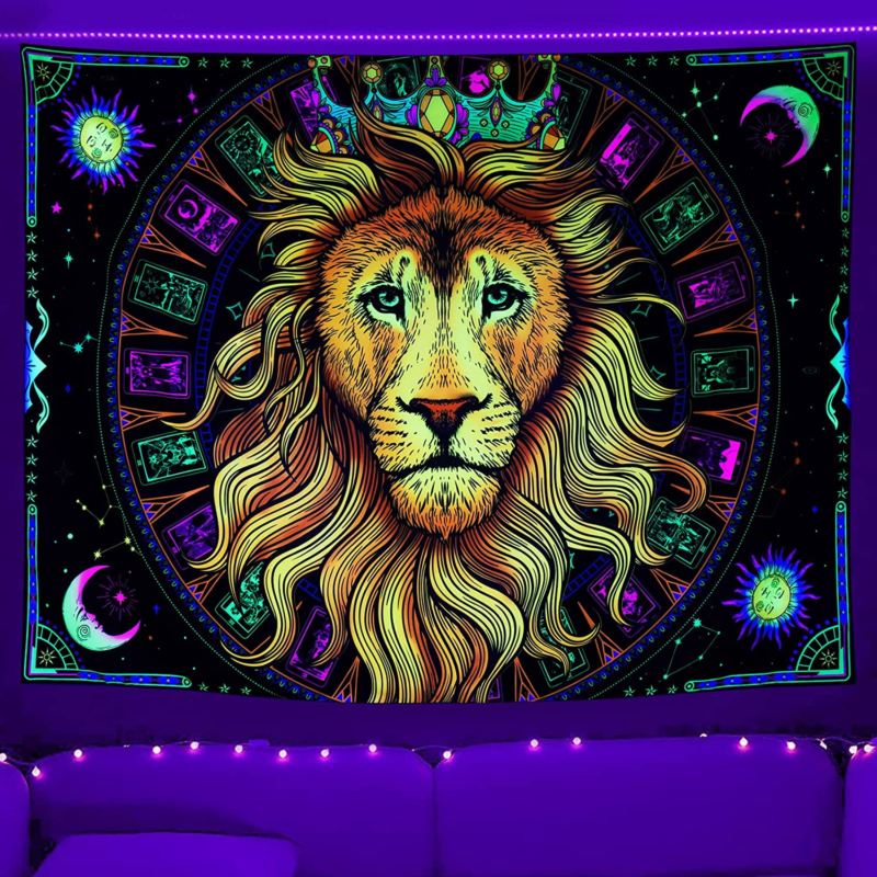 Blacklight Lion Tapestry UV Reactive Trippy Tarot Tapestry Sun and Moon Tapestri - $22.79