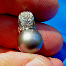 Earth mined Diamond Pearl 12mm Black South Sea Pendant 14k Gold Deco Med... - $2,465.25