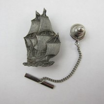 Vintage Mayflower Ship Tie Tack Lapel Pin with Chain Tie Bar Pewter RARE - £15.71 GBP