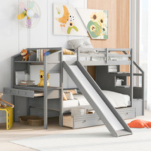 Twin over Twin Bunk Bed with Storage Staircase Slide Drawers Desk and Sh... - $948.63