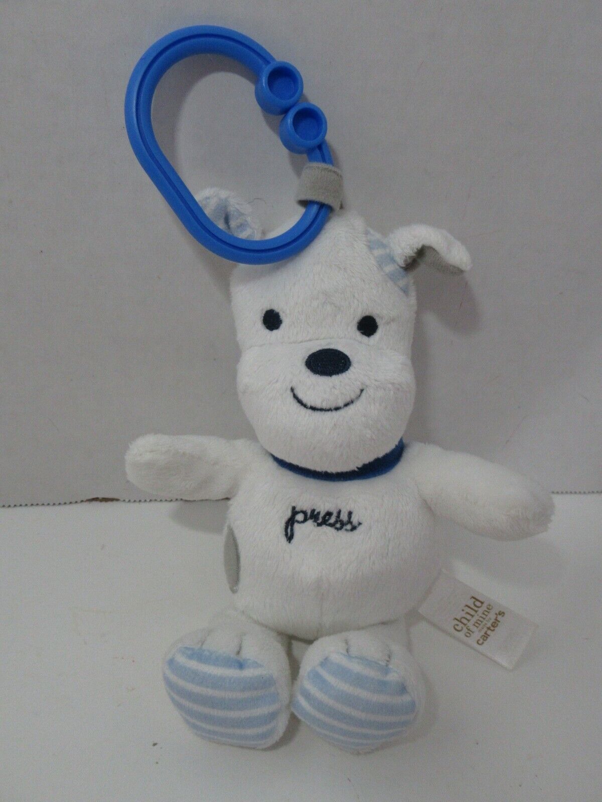 NO SOUND Carters Child of Mine PRESS baby plush toy white puppy dog blue stripes - £15.77 GBP