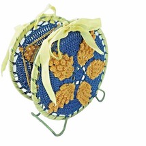 Crocheted Doily Wire Napkin Holder Blue Orange Yellow Ribbon Kitschy 50s Vintage - £7.17 GBP