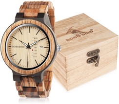 Mens Wooden Watch Analog Quartz With Week Display Lightweight Handmade Brown - £76.83 GBP
