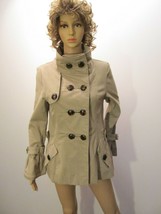 LUII Double Breasted Trench Coat High Collar Belts Tiger Buttons sz M Be... - £27.85 GBP