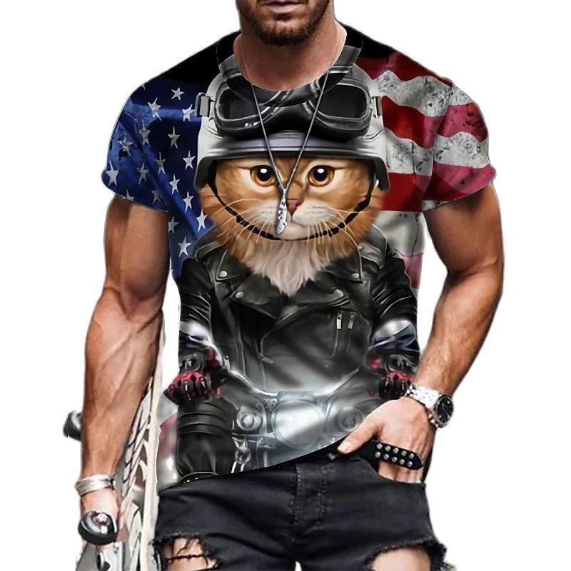 Cat Animal T Shirt 3d Printed Men&#39;s T Shirt Funny Rider Rock Cat Tops Te... - $9.99