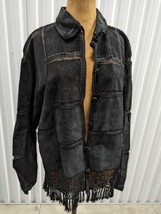 Vtg Black Suede Jacket Patchwork Crochet Womens XL Coat Western Fringe Cowgirl  - £59.13 GBP