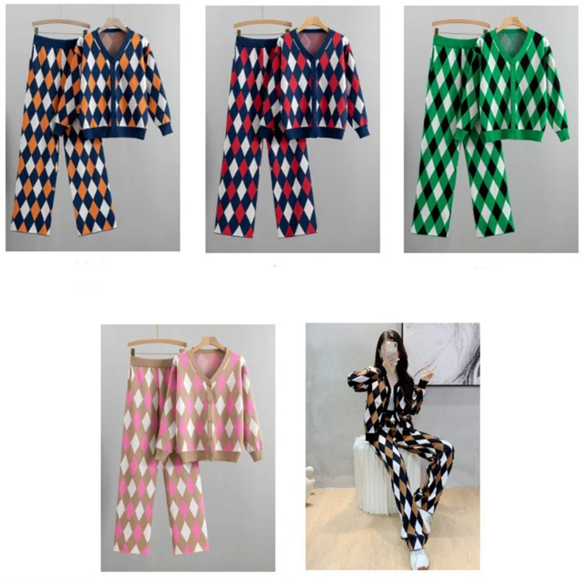 Thick Soft Plaid Sweater 2 Piece Sets V-neck Knitwear Cardigan/ High Waist Baggy