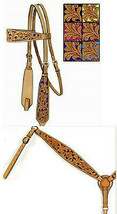 Western Horse Tooled Leather Tack Set Bridle + Breast Collar w/ Navy Inlay - £70.72 GBP