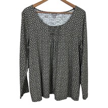 J. Jill Top Womens Large Black Brown Beige Long Sleeve Geometric Pintuck Scoop - £23.58 GBP