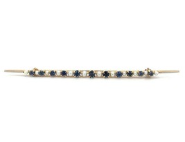 Authenticity Guarantee 
14k Antique Montana Sapphire and Pearl Bar Pin (... - £403.65 GBP