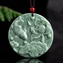 Natural Myanmar Jade Lotus Flower Fish Pendant Necklace, Burmese Jadeite - £33.45 GBP