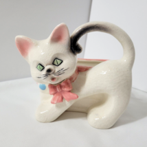 Napco White Cat Planter Vtg Green Eyes Pink Bow Curled Tail Baby Girl - £18.16 GBP