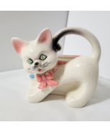 Napco White Cat Planter Vtg Green Eyes Pink Bow Curled Tail Baby Girl - £17.39 GBP