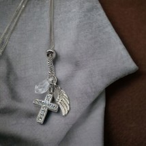 Vintage silver plated Angel Wing, Cross and Crystal necklace,  stamped S... - $30.00