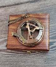 Nautical brass push botton sundial pocket compass with Christmas gift wooden box - £40.23 GBP
