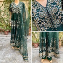 Pakistani Dark Green Long Maxi Style Embroidered Sequins Net Dress,Xl - £90.22 GBP