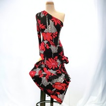 FUNKY Disco Dress Sz 9 One Shoulder Side Slit w Covered Buttons Zipper Red Black - £72.83 GBP