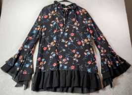 UMGEE Blouse Top Womens Size Medium Black Floral Cotton Long Bell Sleeve V Neck - £15.17 GBP