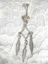 Diamond Shaped Dream Catcher W 3 Dangling Feathers 14g Clear Belly Button Ring - £4.73 GBP