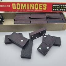 Halsam Double Six Dominoes Set 623 28 Pieces Playskool Black Wood Game Vintage - £13.81 GBP